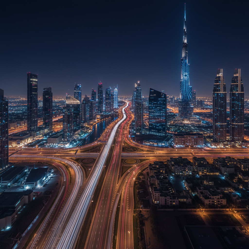 Dubai highway at night with city skyline